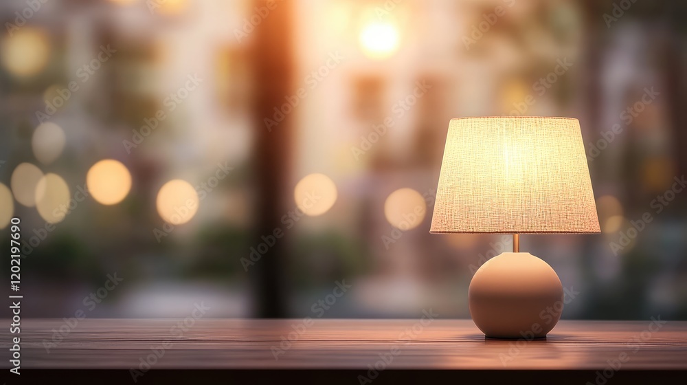 Leinwandbilder Modern table lamp with a fabric shade illuminated in a cozy setting with bokeh background and soft warm lighting Copy Space