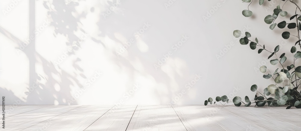 Poster white minimalist interior with wooden floor and leafy plant shadows casting on the wall providing am