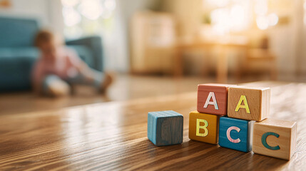 Colorful wooden bet blocks arranged on wooden floor, with child playing in background. warm lighting creates cozy atmosphere, perfect for learning and play