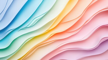 Abstract colorful layered paper texture with waves in gradient shades of blue, yellow, and pink, suitable for backgrounds with Copy Space.