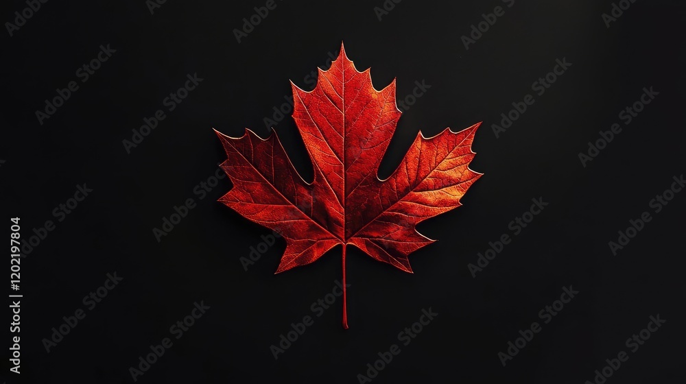 Poster red maple leaf isolated on black background with natural texture and details copy space