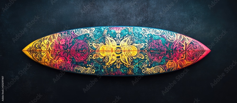 Poster Colorful Abstract Surfboard Design with Floral Patterns on a Dark Background Copy Space