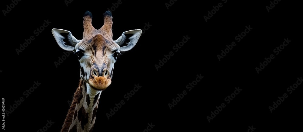 Poster close-up of a giraffe against a black background with copy space for text placement. high detail of 