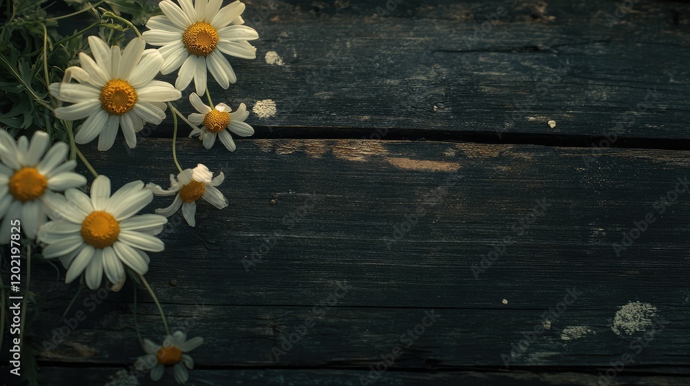 Poster daisies on rustic wooden surface with copy space for text and design elements