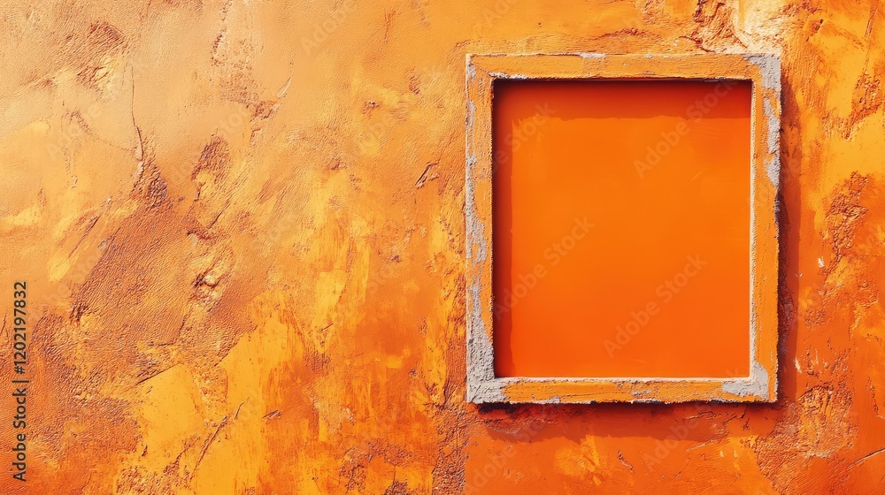 Poster orange textured wall with empty square frame providing copy space for text or design elements.