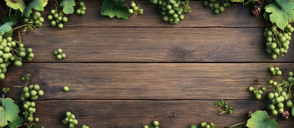 Poster Fresh green grapevines framing a rustic wooden table background with ample Copy Space for text insertion