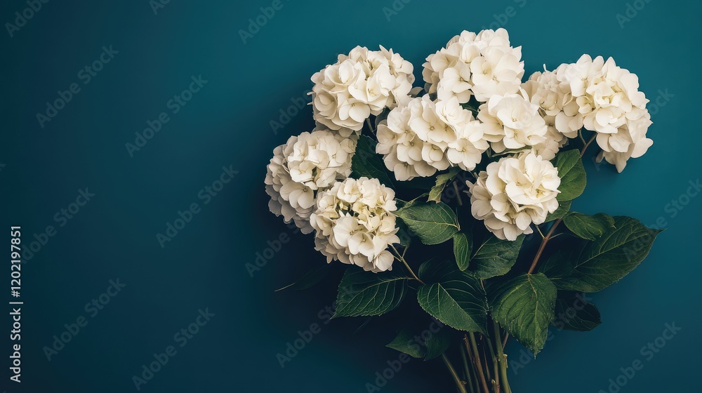 Poster white hydrangea flowers bouquet on teal background with green leaves and ample copy space for text p