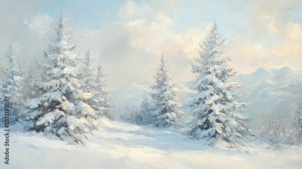 Aufkleber Winter landscape with snow-covered pine trees in a serene mountainous setting and soft clouds in the sky copy space