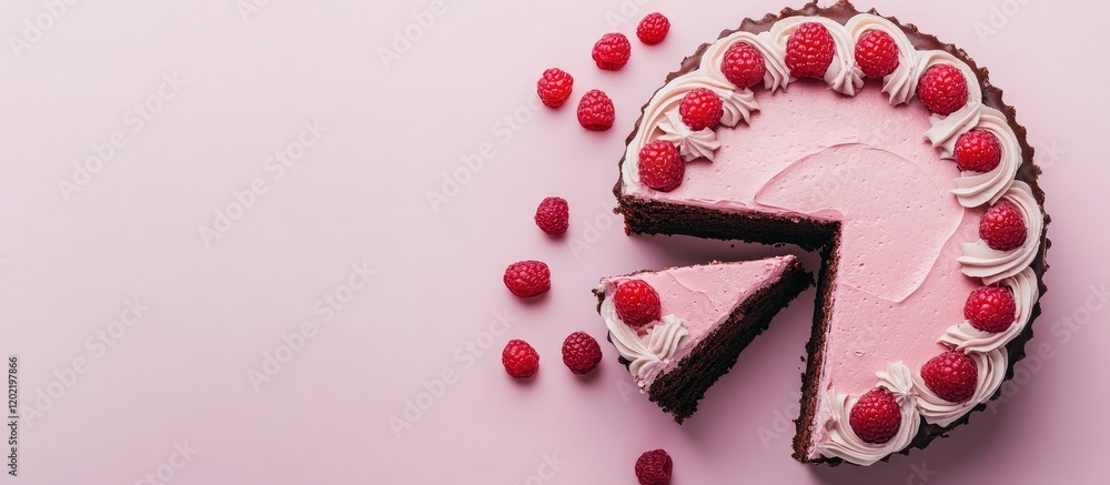 Poster Chocolate raspberry cake decorated with cream and fresh raspberries against a pink background with copy space.