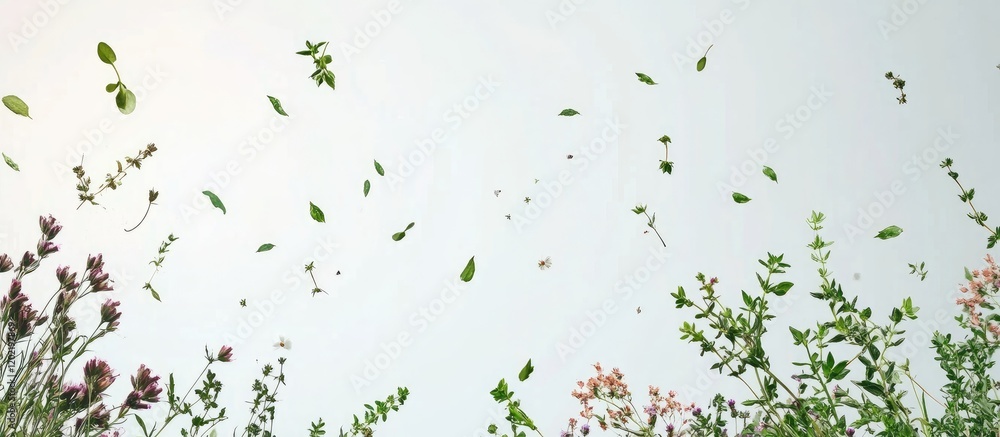 Poster Falling leaves and wildflowers against a light background with copy space for text or graphics