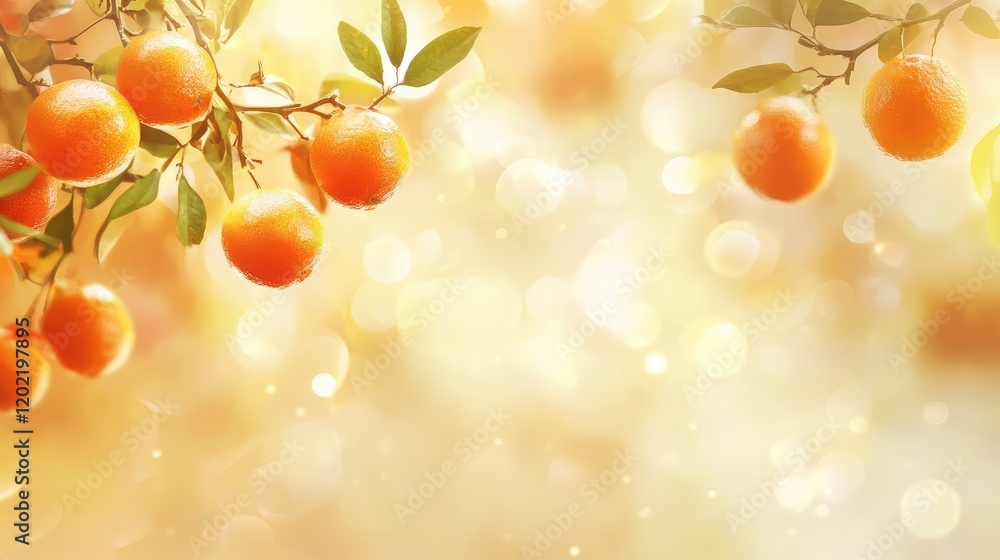 Aufkleber fresh oranges on a branch with blurred golden background and copy space for text. bright citrus frui