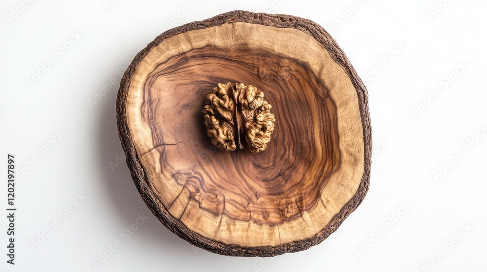 Poster Decorative wooden bowl with walnut shell display on white background Copy Space