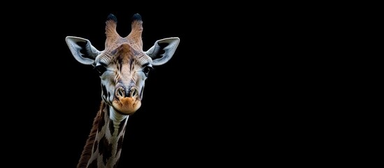 Obraz premium Close-up of a giraffe against a black background with copy space for text placement. High detail of the giraffe's face and features.