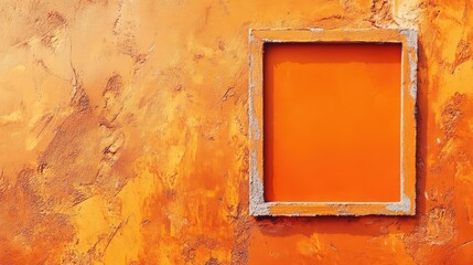 Orange textured wall with empty square frame providing Copy Space for text or design elements.