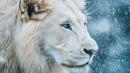 Close-up portrait of a majestic white lion with striking blue eyes in a snowy environment featuring copy space