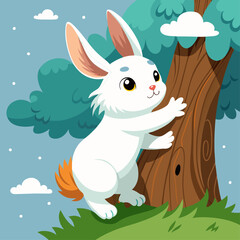 A small, agile rabbit is seen climbing a tree.