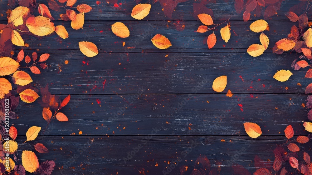 Poster autumn leaves on dark wooden surface with copy space for text and design elements in warm colors of 