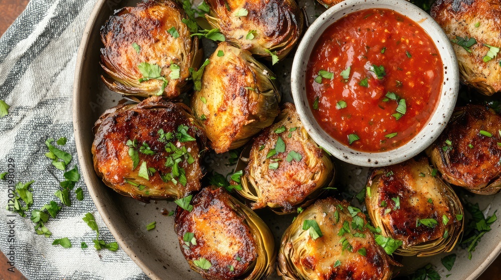 Poster grilled artichokes garnished with fresh herbs served with tomato salsa in a bowl on a rustic plate w