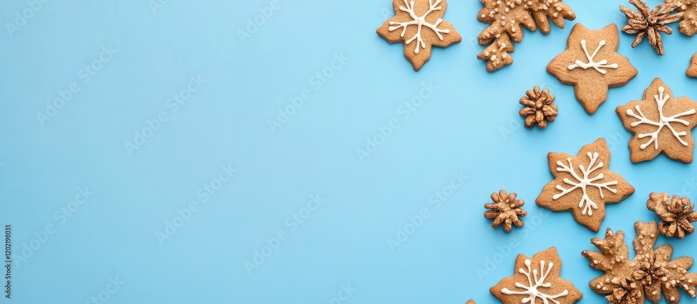 Poster Gingerbread snowflake cookies and nuts on a blue background with Copy Space for text placement