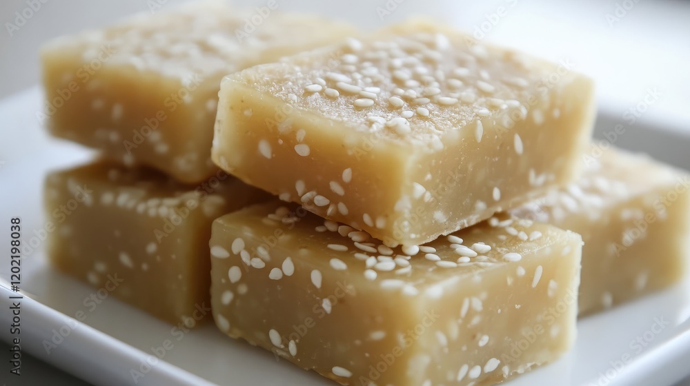 Aufkleber Sesame halva dessert squares stacked on a white plate with a plain background and copy space for text.