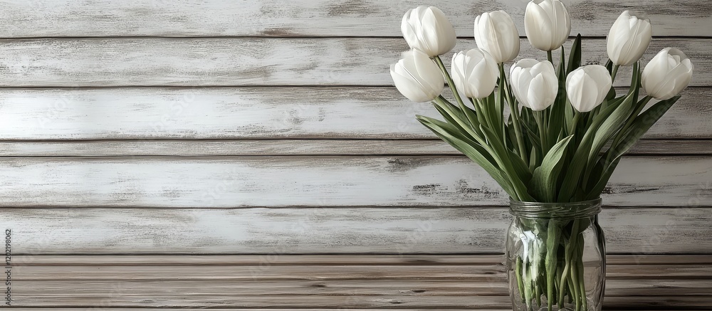 Aufkleber white tulips in a glass vase on wooden background with copy space for text or graphics