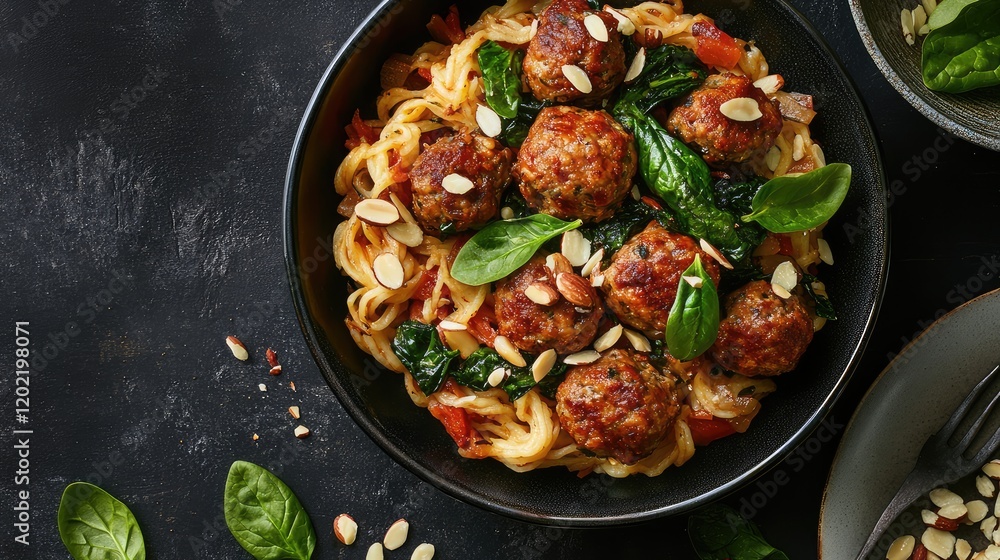 Poster pasta with meatballs and spinach in a dark bowl garnished with almonds on a textured surface with co