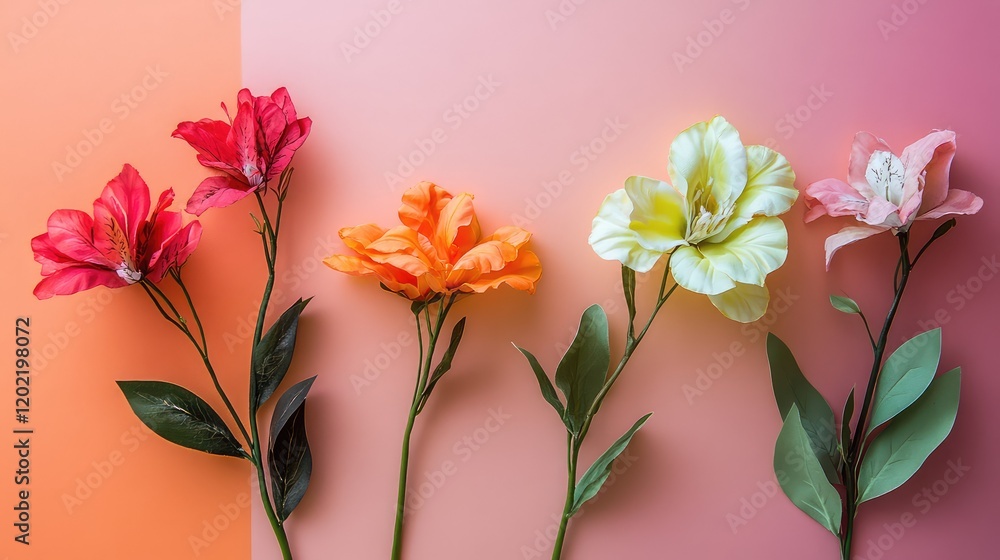 Aufkleber colorful artificial flowers arranged on a pastel gradient background with copy space for text.