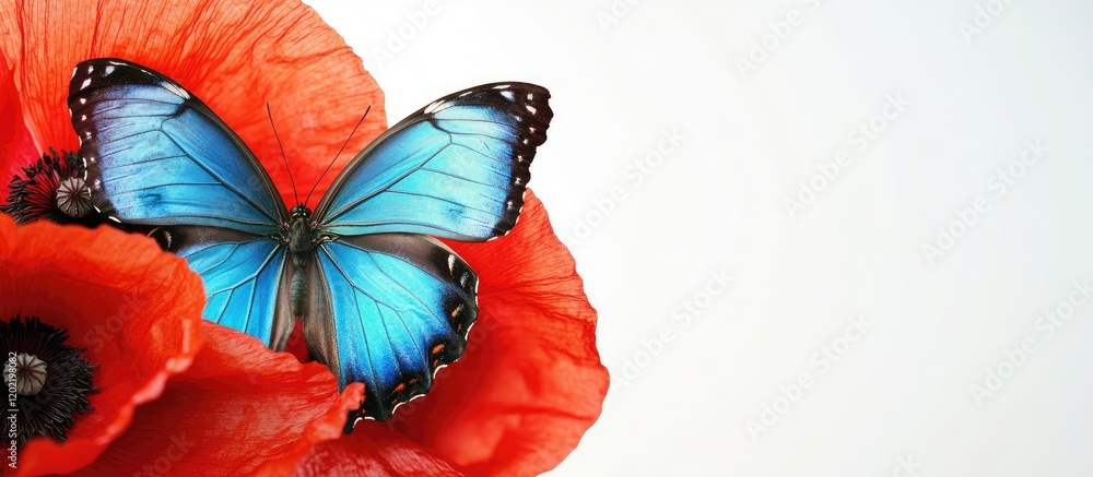 Aufkleber blue butterfly perched on vibrant red flower petals with blank background and copy space for text