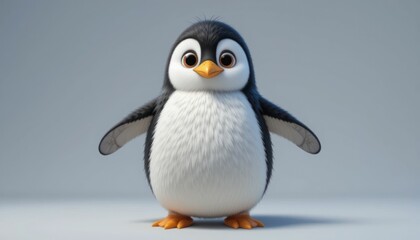 Obraz premium A cute cartoon penguin on the beach and snow in a wintery wildlife scene