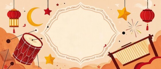 Fototapeta premium Islamic-themed banner for Ramadan, featuring celebratory lanterns and drums with stars and moons, suitable for Eid al-Fitr and Eid al-Adha