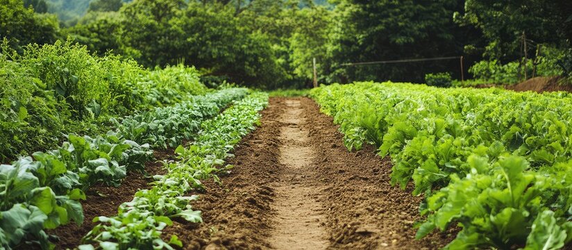 Lush green vegetable garden with neat rows of crops and clear pathway in rural landscape Copy Space