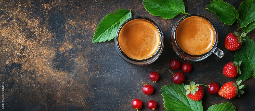 Aufkleber coffee cups with fresh strawberries and leaves on dark textured background with copy space for text