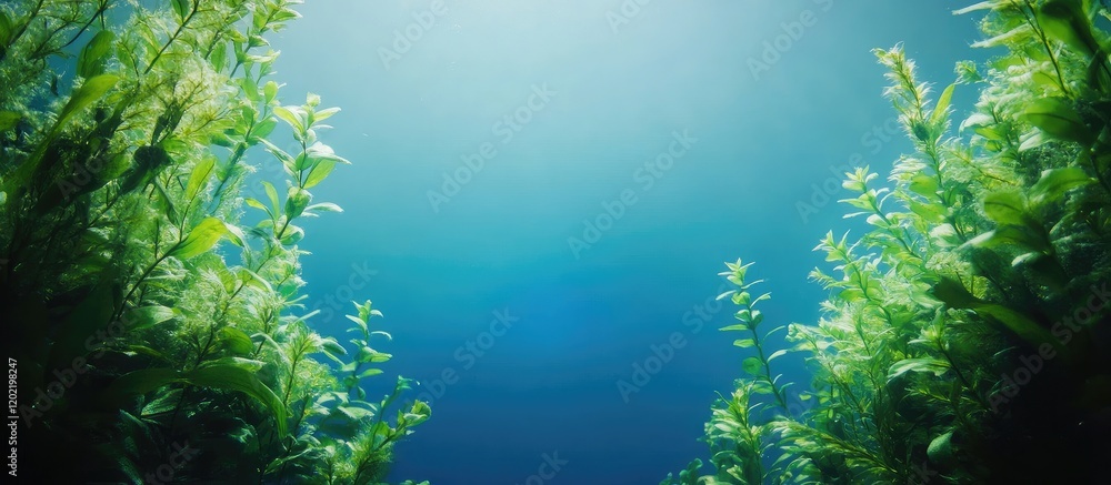 Aufkleber underwater scene featuring aquatic plants with sunlight filtering through, copy space available for 