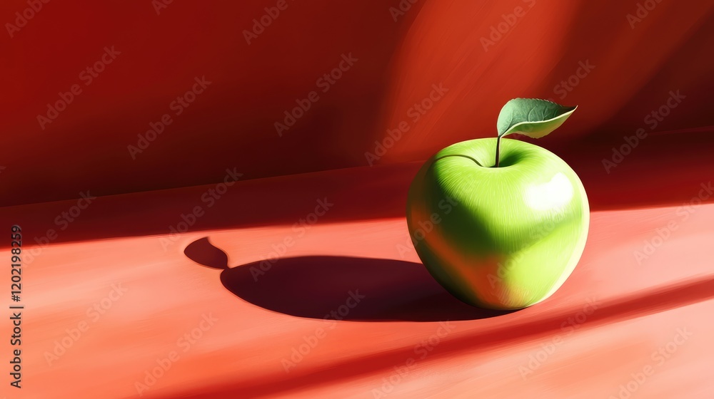 Poster green apple on a red surface casting a shadow with a single leaf copy space