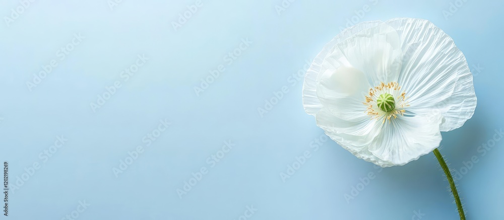Poster white poppy flower on light blue background with copy space for text placement