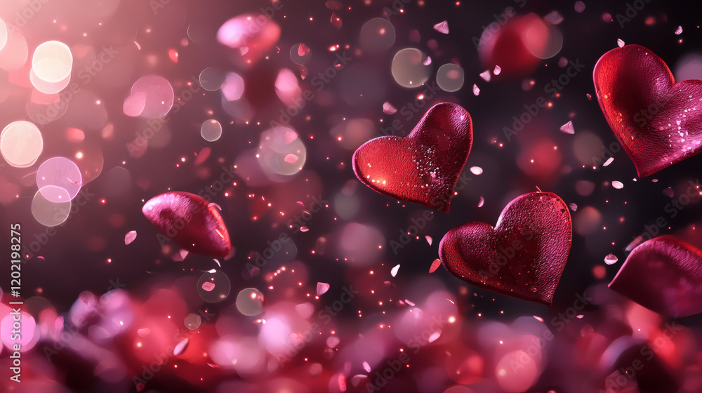 Aufkleber hearts floating in romantic background with bokeh lights and petals, creating dreamy atmosphere perf