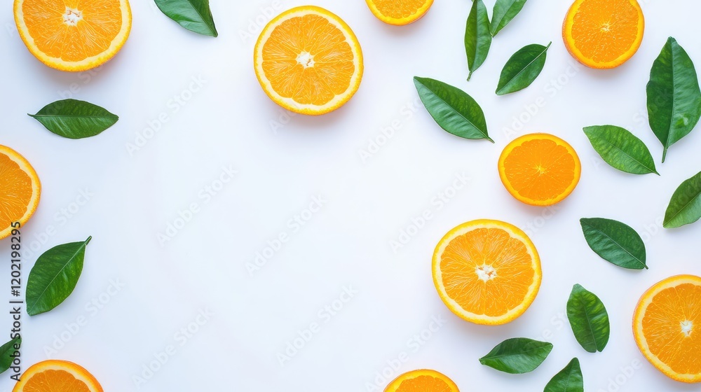 Poster citrus orange slices and green leaves arranged on a white background with ample copy space for text 