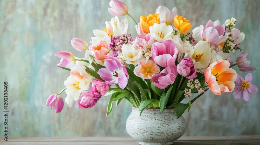 Poster colorful spring flower bouquet in a decorative vase on a wooden surface with blurred background and 