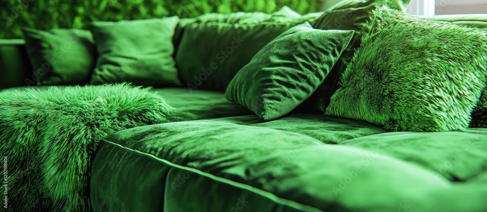 Poster comfortable green velvet couch with cushions and textured throw blanket in modern interior setting w