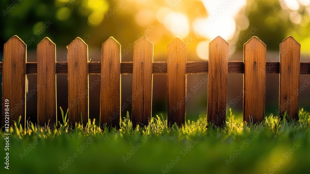 Aufkleber wooden fence with pointed tops surrounded by green grass during sunset with light bokeh in the backg