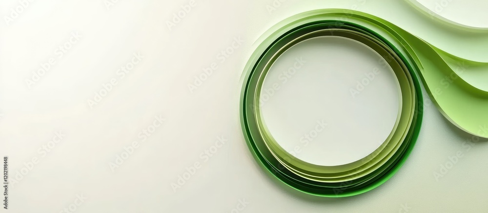 Poster abstract composition of green circular paper strips with copy space on a light background