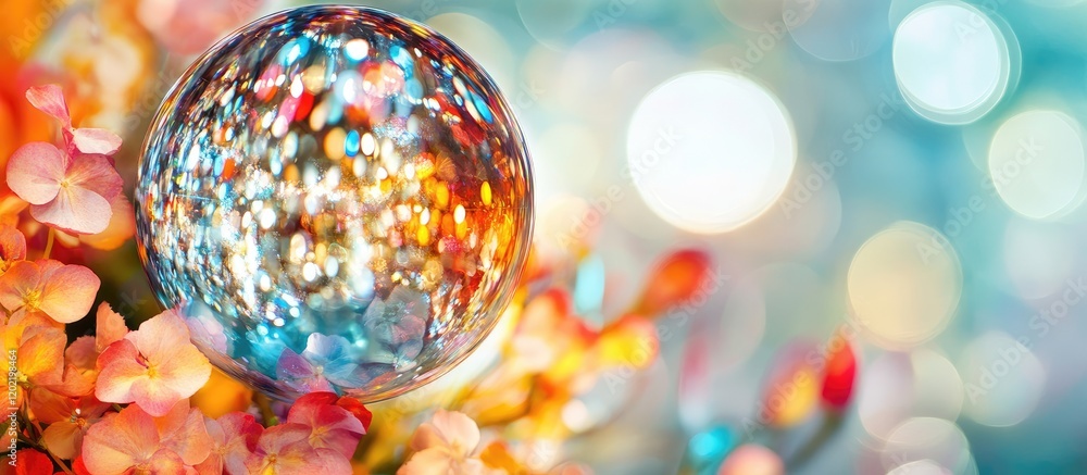 Poster colorful blurred lights and reflections in a round decorative ball with flowers in the foreground an