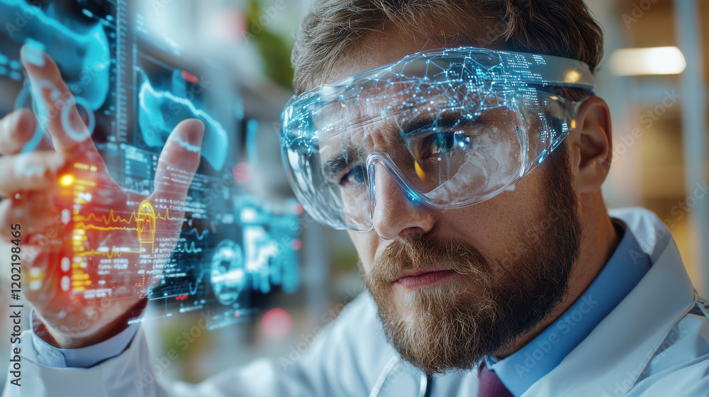 Poster advanced wearable biotech devices are being monitored by focused scientist in lab setting. futuristi