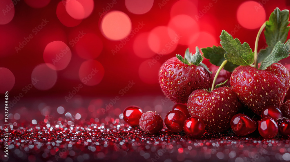Poster fresh strawberries on sparkling red background create romantic atmosphere. vibrant colors and bokeh 