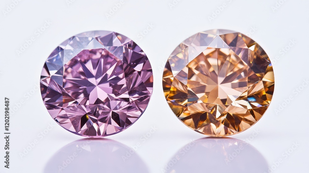 Poster faceted round pink and orange gemstones on a reflective surface with copy space for text
