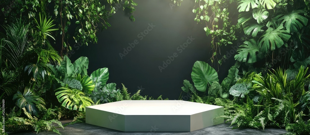 Aufkleber Greenery background with hexagonal podium and dramatic lighting for presentations or displays Copy Space