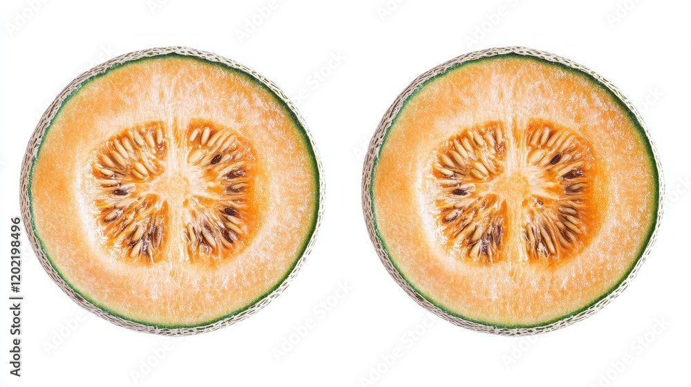 Poster Fresh sliced cantaloupe halves with visible seeds and orange flesh on a white background with Copy Space.