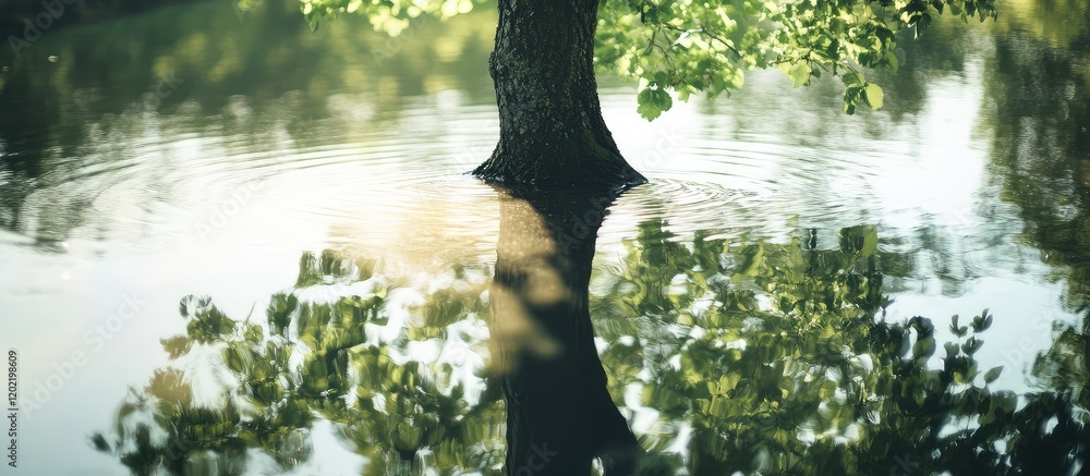 Poster Tree trunk partially submerged in calm water with ripples and reflections of leaves and light Copy Space