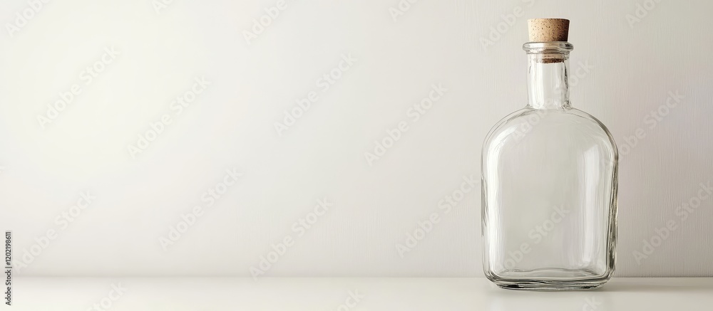 Poster empty glass bottle with cork stopper on white background and copy space for text placement