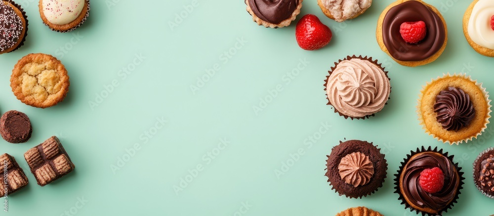 Poster Assorted chocolate and cream desserts with decorative toppings on mint colored background and copy space for text